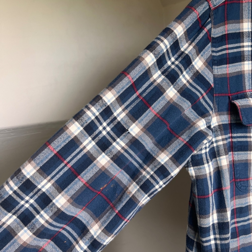 L.L. Bean Flannel Shacket Large Mens Blue Fleece Lined Plaid Distressed - Picture 4 of 7